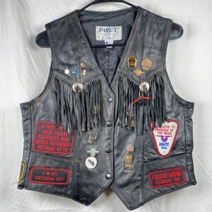 Park V Fringed Leather Biker Vest With Patches & Pins Sturgis Daytona Vietnam 16